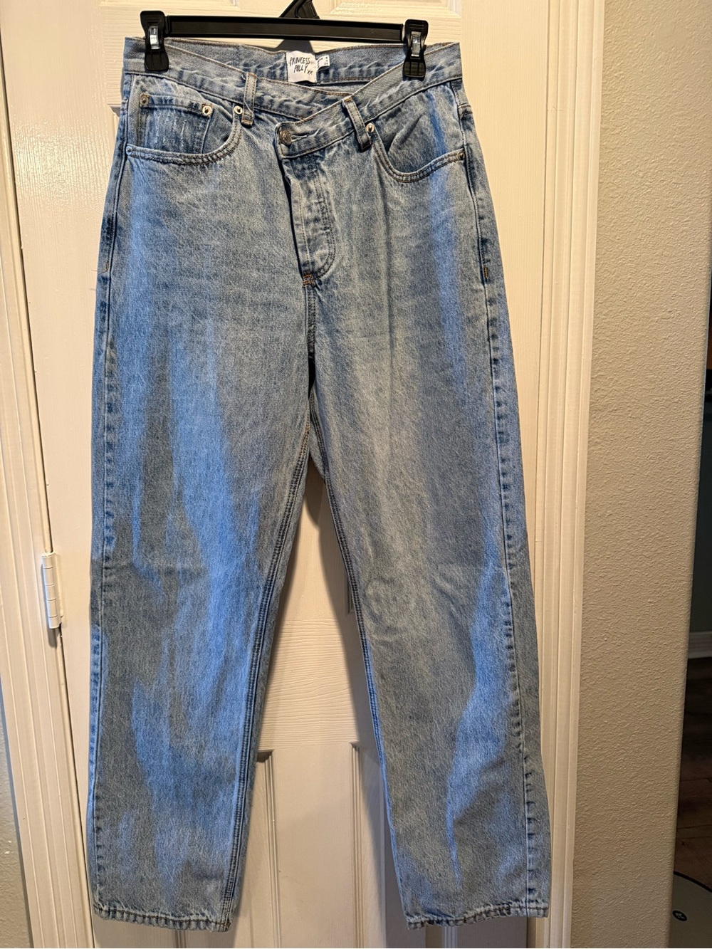 Princess Polly Light Wash Crossover Waist High Rise Jeans Size 4